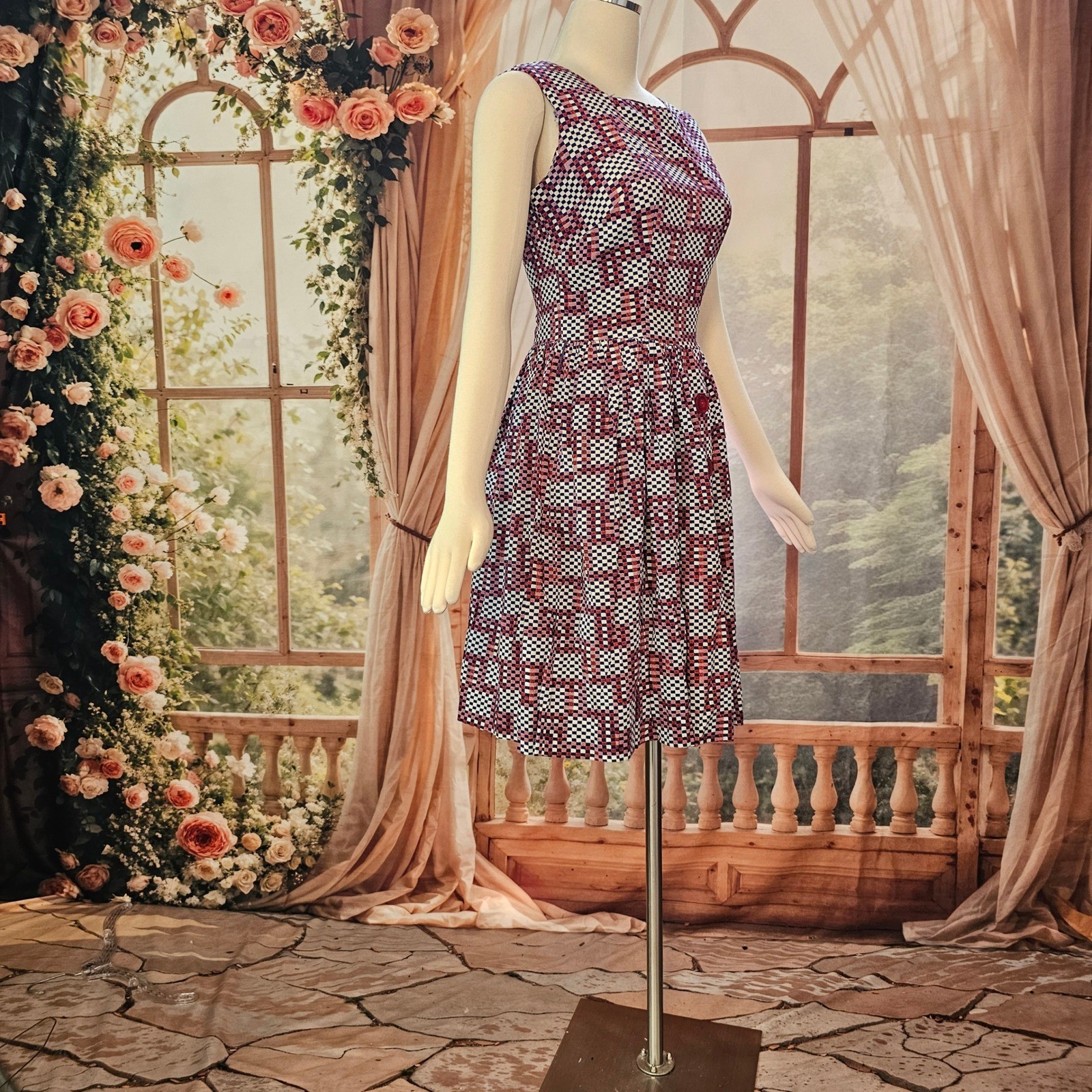 Vintage 1960’s Geometric Checkered Fit & Flare Dress Red White Navy Square Neck
