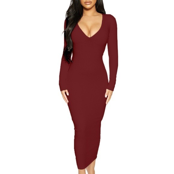 NWT Naked Wardrobe Bodycon Midi Dress Red/Brown Ribbed V Neck Long Sleeve – S
