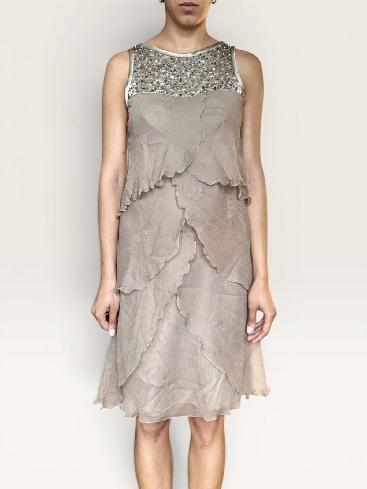 Carlos Miele 100% Silk Beaded Sequin Tiered Chiffon Cocktail Dress Taupe Size 40