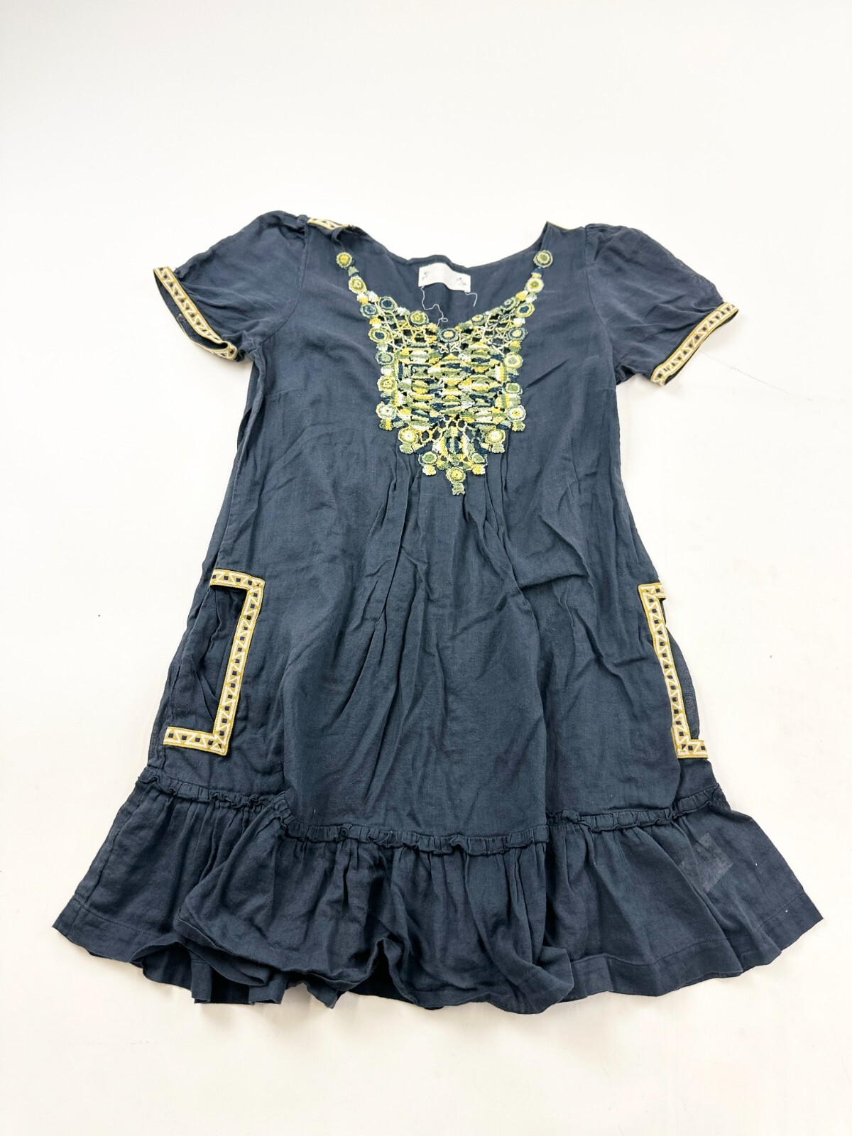 Velvet Dress Womens Medium Black A-Line Embroidered Folk Ruffle Hem Side Pocket