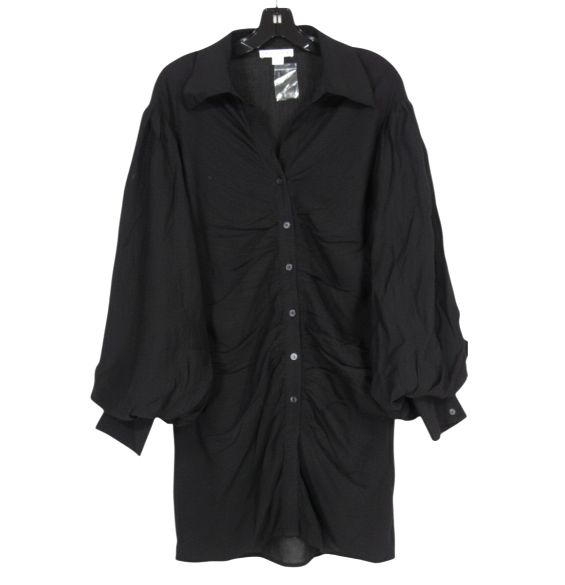 NWOT HYFVE Black CREPE Button-Up RUCHED CENTER Puff Sleeves SHIRT DRESS Sz L