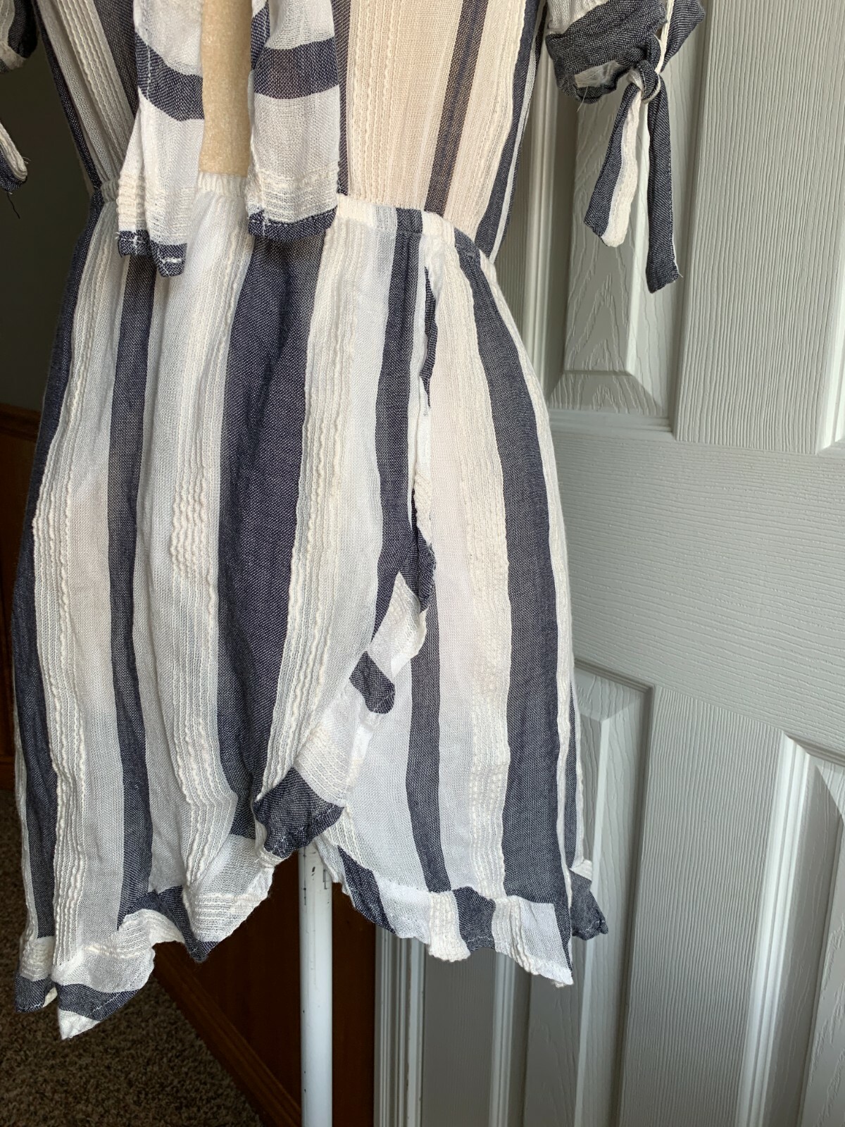 Vintage Havana Striped keyhole front Ruffle Dress Blue White Small Tie Front S
