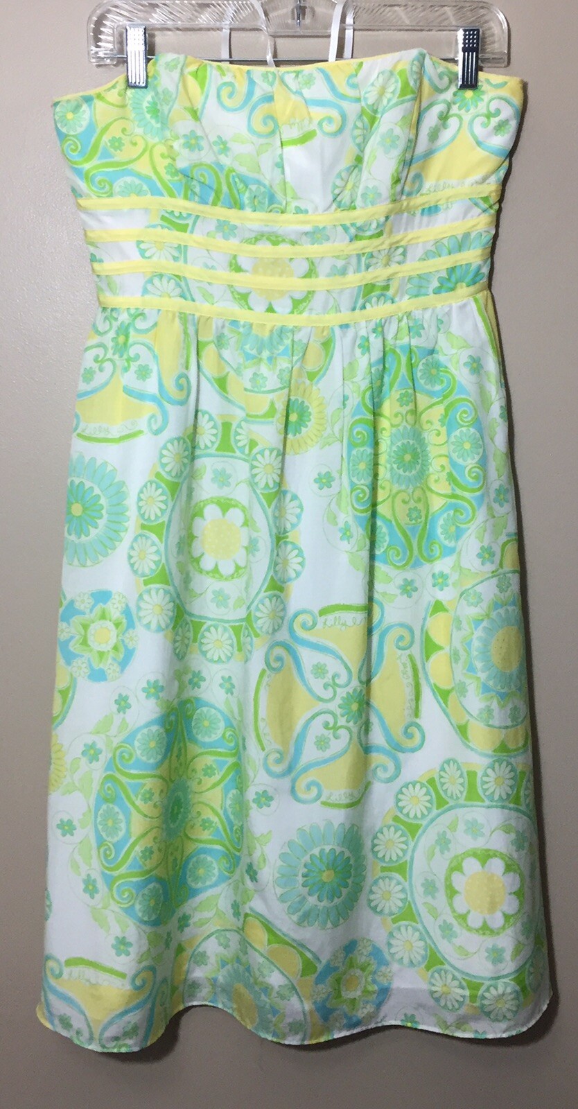 Vtg Lilly Pulitzer Size 6 Strapless Silk Cotton Blend White Yellow Green Dress