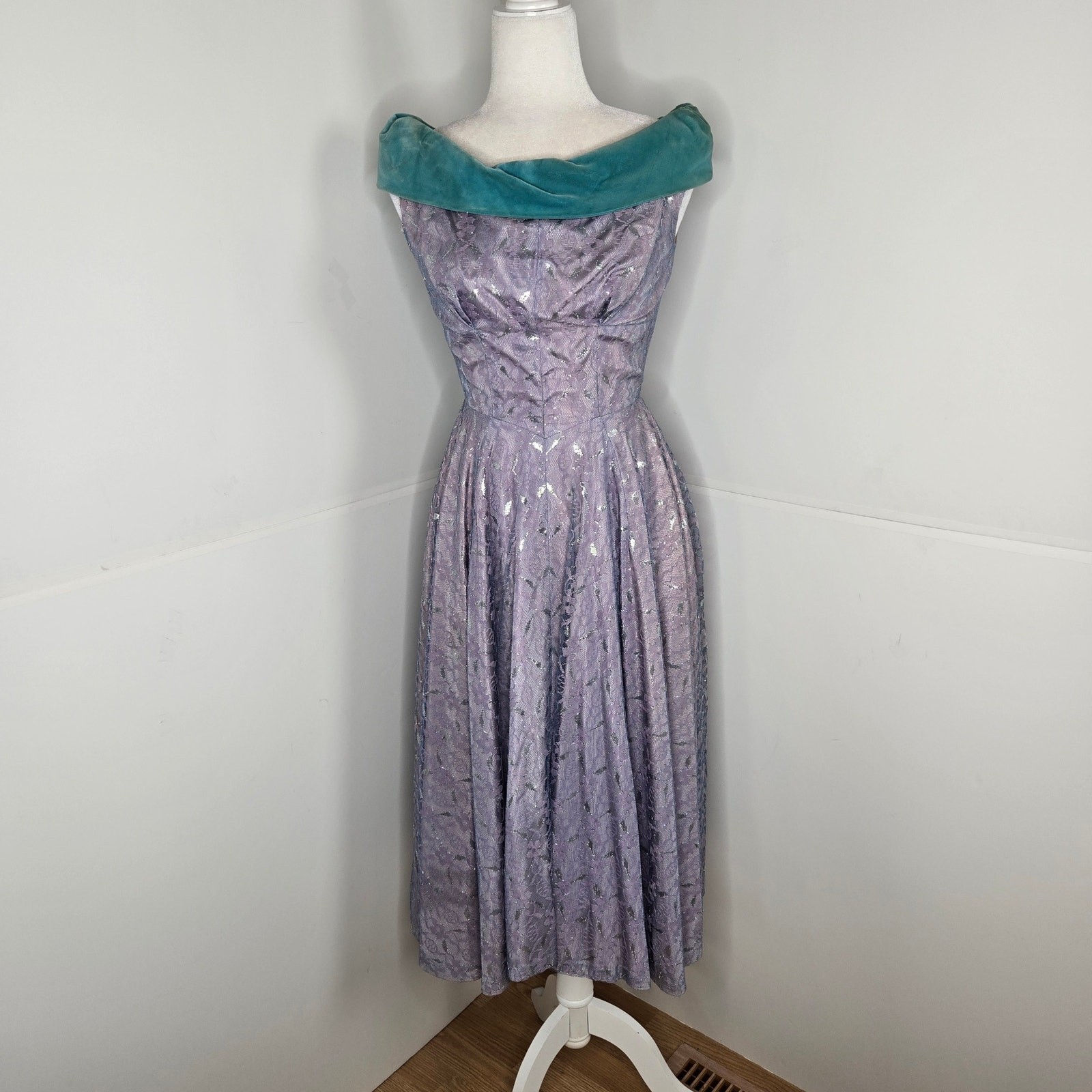 Vintage 50s lace velvet collar midi formal dress XS icy blue silver turquoise