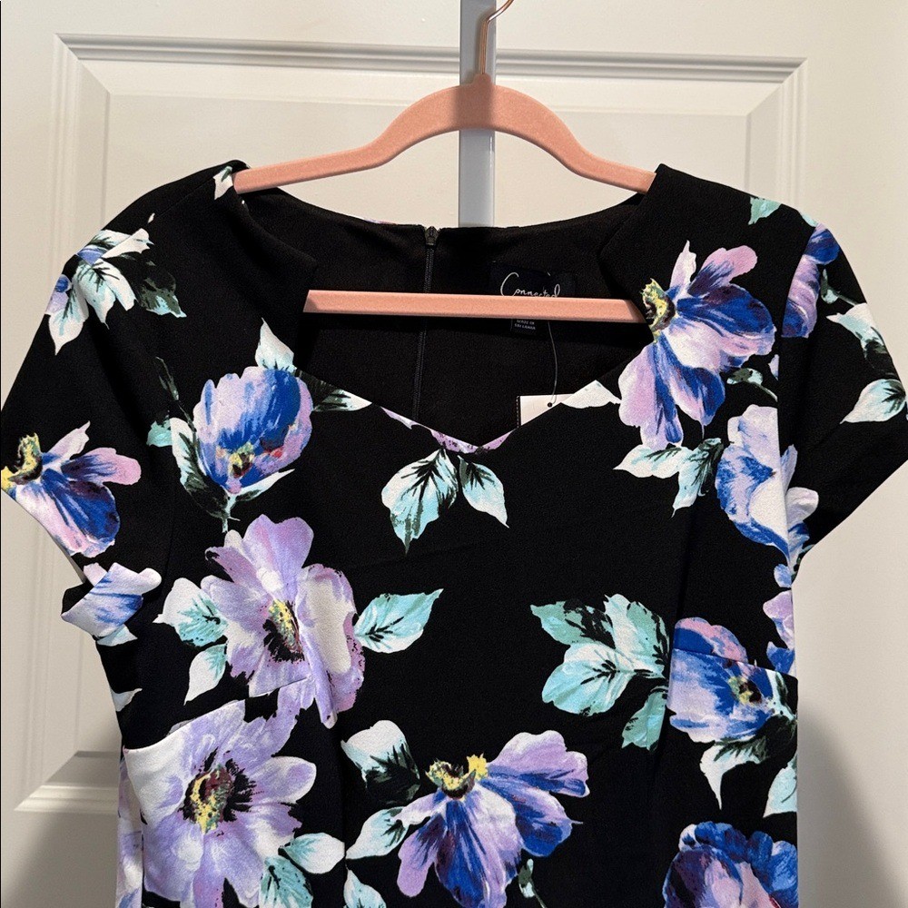 Connected Apparel Black Floral Print Sheath Dress 10 NWT Wedding Guest Romantic