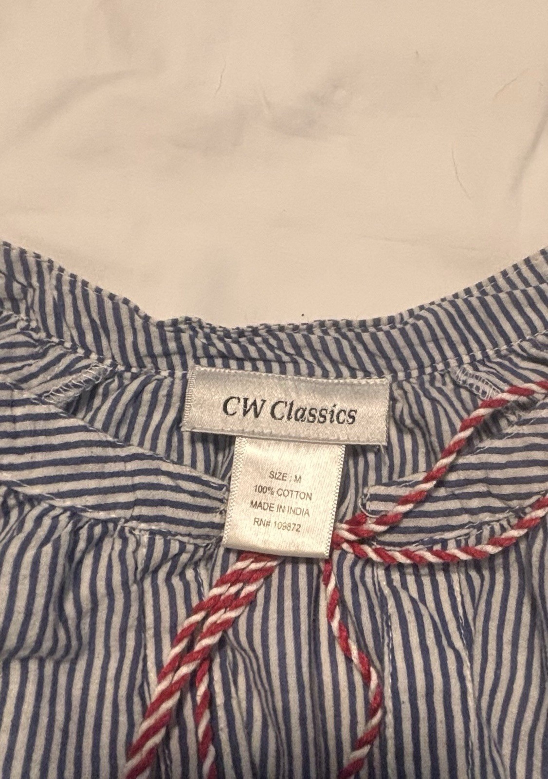 Gypsy, boho CW Classics Blue White Striped Embroidered Tassel V-Neck Top M