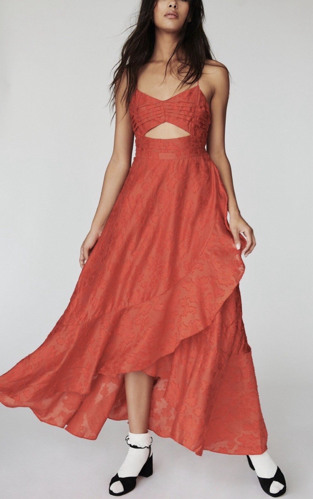 New Free People Buona Sera Maxi Long Dress Fiesta Red Strappy, Cut Out Sz 2