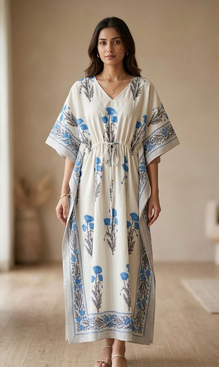Women’s Hand Block Cotton Kaftan Dress Blue Floral Boho Beach Maxi Free Size US