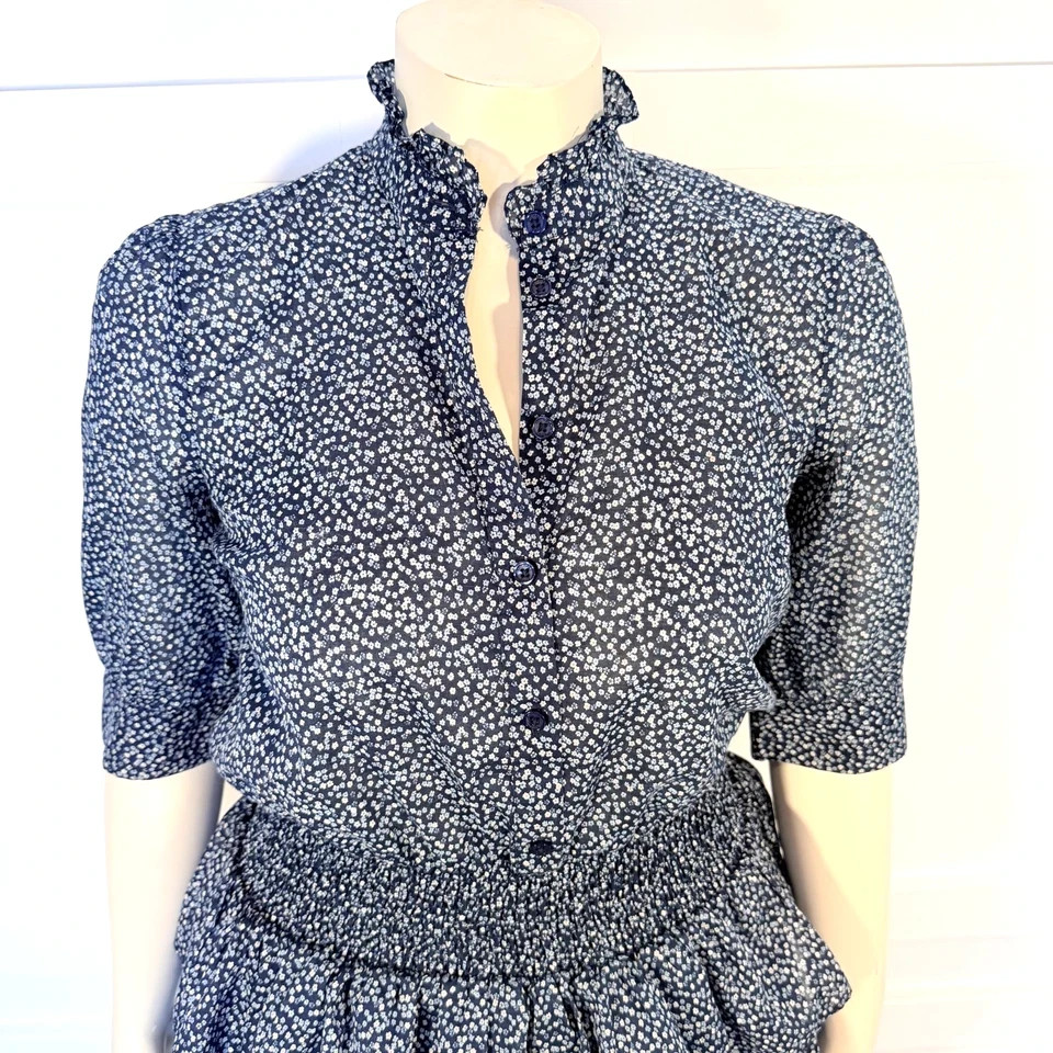 Michael Kors Blue Floral Mini Dress Women’s M Smocked Waist Ruffle Tiered V Neck