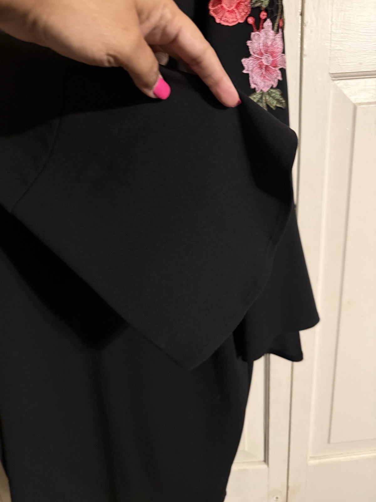 Floral Embroidered Shift Dress Bell Sleeves Boat Neck Knee Length Black
