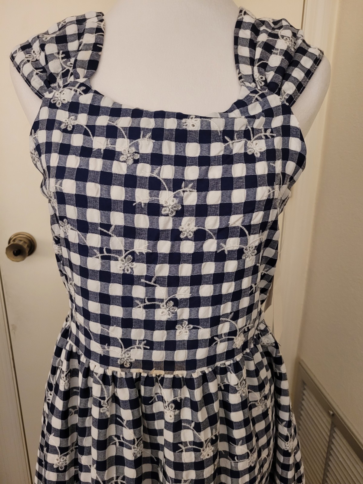 Blueberi Boulevard Navy Gingham Embroidered Midi Dress Bow Back Cottagecore Med