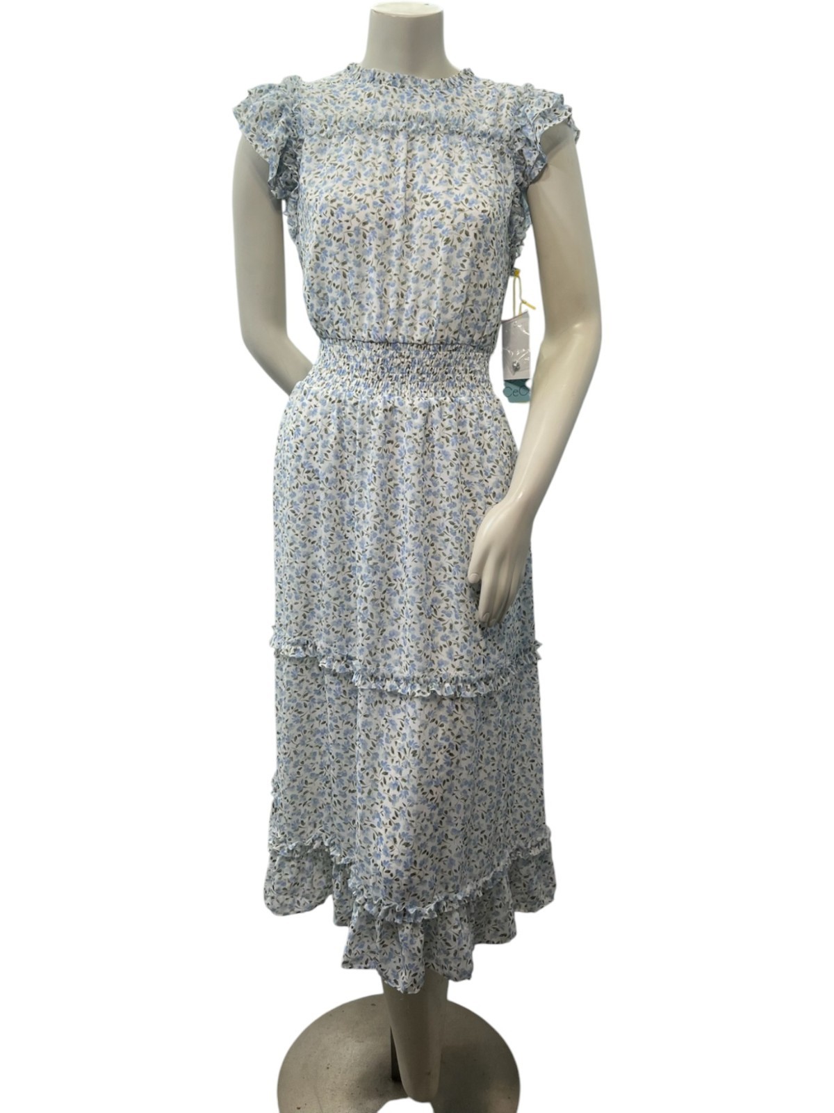 Cece Dress Womens Size Large White Blue Floral Short Sleeve Cinch Waist New