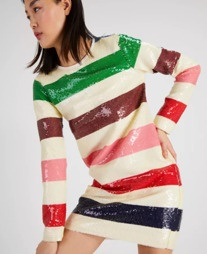 NWT KATE SPADE US 8 Green Blue Red Pink Adventure Stripe Sequin Shift Mini Dress