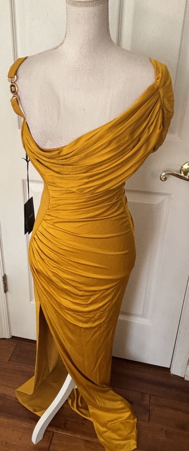 Versace Gown Medusa Liquid Jersey Sz 40 Italy US 4 Marigold $4490