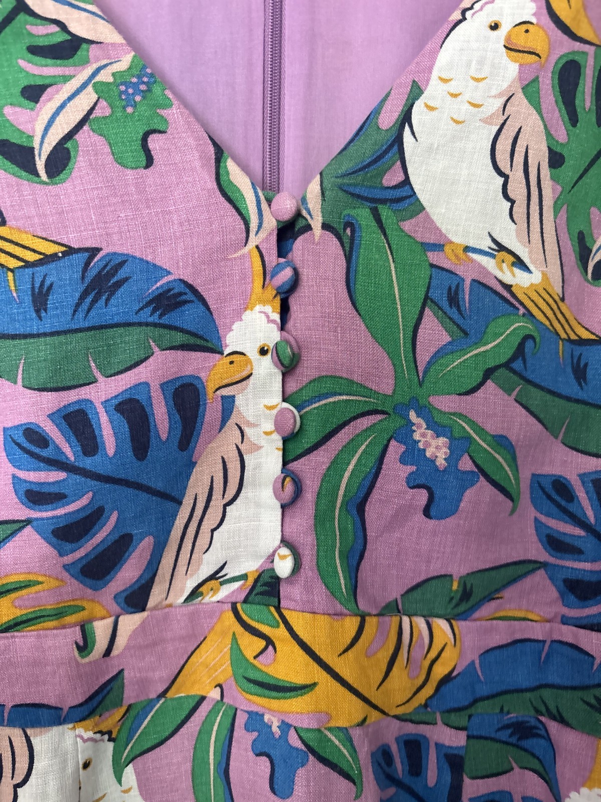 Boden purple green white linen sleeveless maxi v-neck bird parakeet palm tree 12