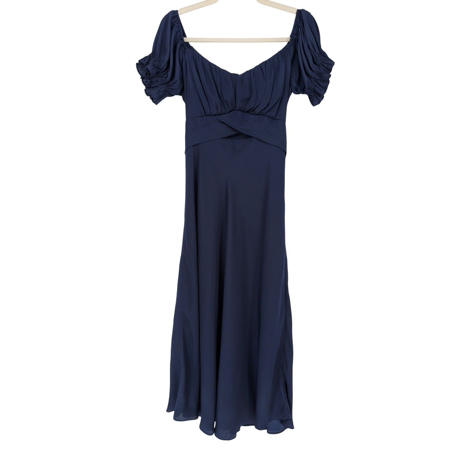 Saints & Secrets Satin Off Shoulder Midi Dress L Navy Blue Puff Sleeve Romantic