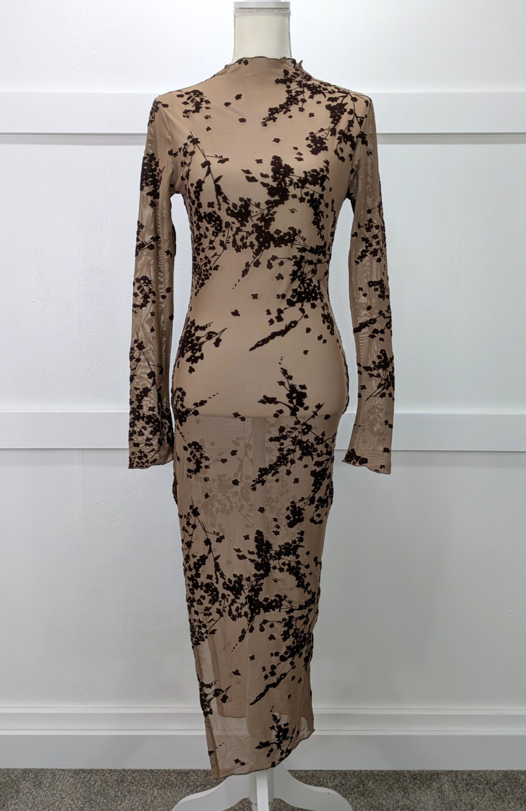HYFVE Burnout Velvet Mesh Midi Dress Womens M Brown Sheer High Slit