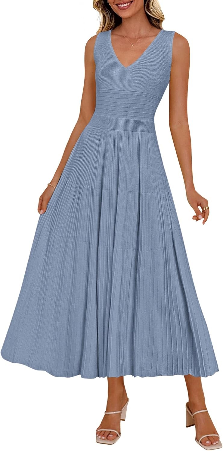 Summer Dresses for Women 2026 Spring Casual Sleeveless V Neck Pleated Midi Work