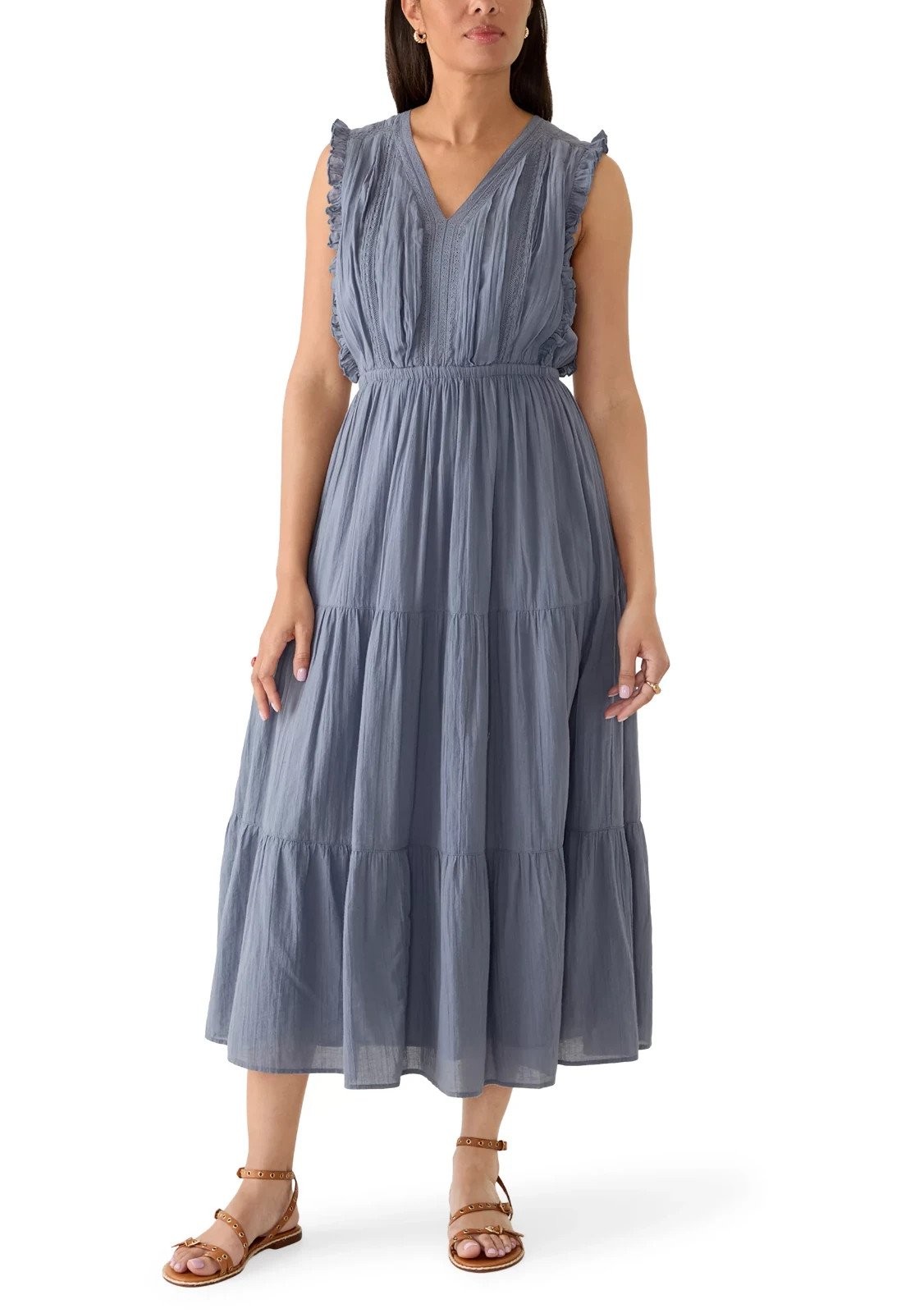 Lucky Brand Tiered Cotton Blue Gray Midi Dress Women’s Size Medium “Grisaille”