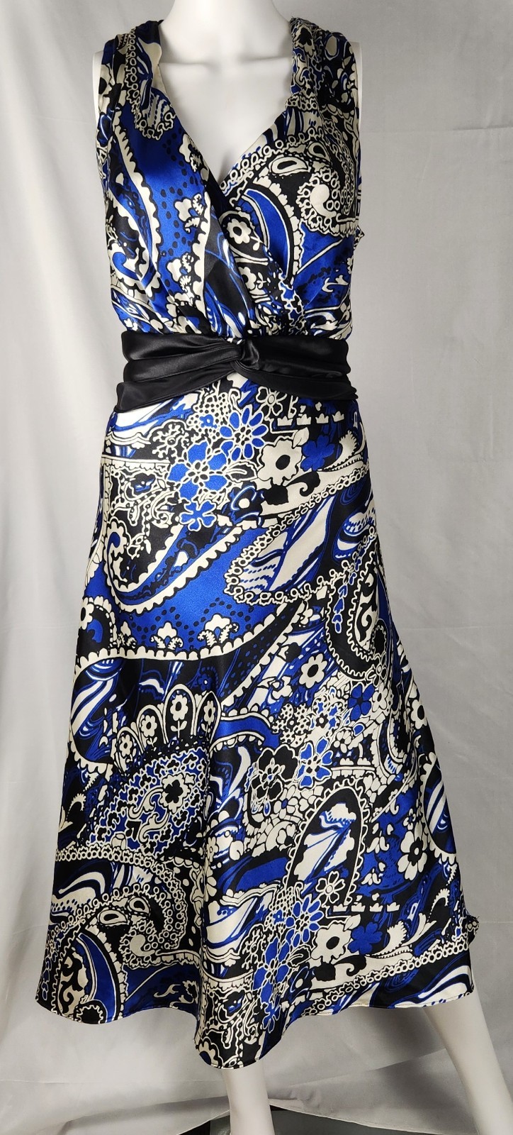 Dressbarn Blue Paisley Satin Tie Back Sleeveless Y2K/2000s Midi Sun Dress 16W