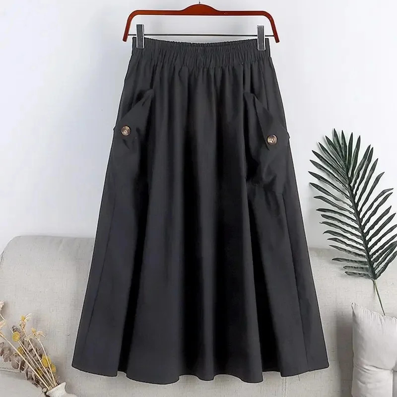 2022 Summer New Women’s Workwear Pocket Button Elastic Waist Medium-Length Wide