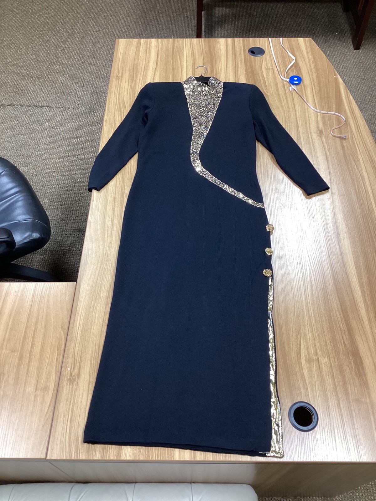 Vintage St. John by Marie Gray Santana Knit Maxi Dress Black Gold Beaded 10 M-L