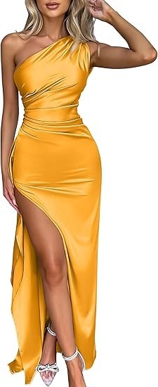 Women’s Sexy One Shoulder High Split Cocktail Wedding Party Maxi Dress
