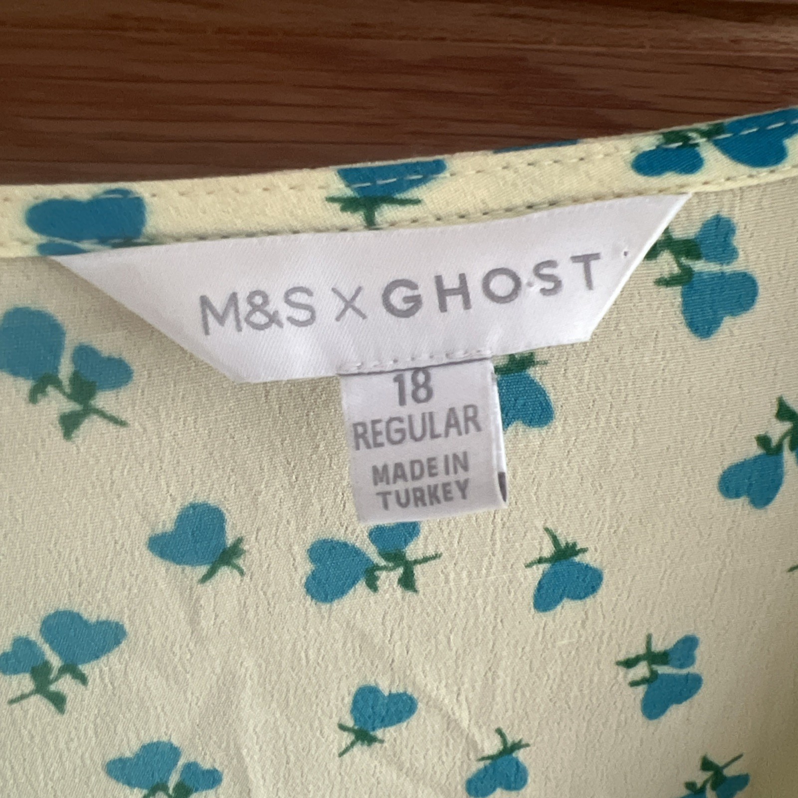 Marks & Spencer X Ghost Ditsy Print Tea Dress Size 18 Butter Yellow Blue Heart
