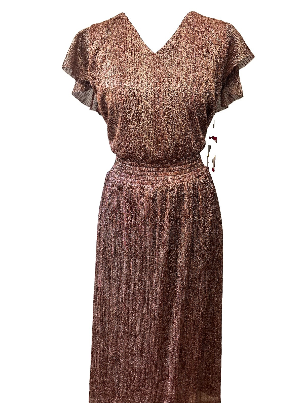 Vince Camuto Burgundy Metallic Knit Pleated V-Neck Flutter Sleeve Midi Dress M