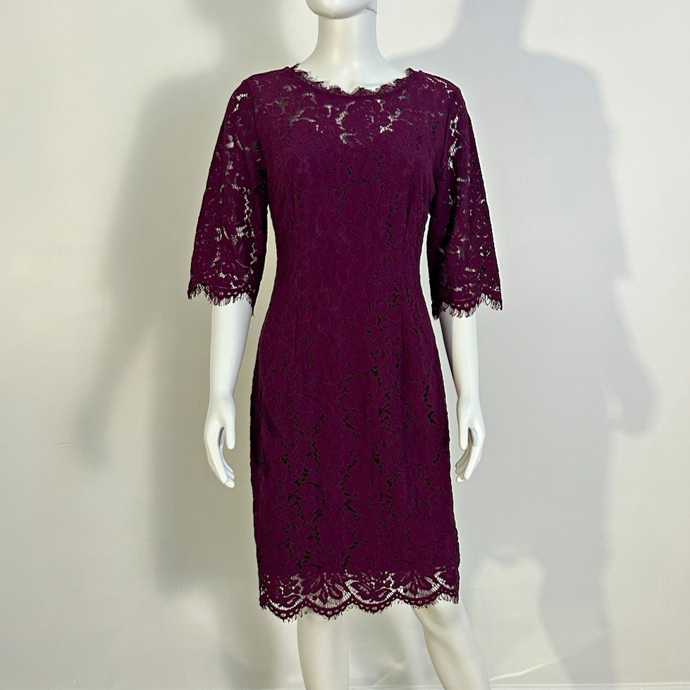 MEROKEETY Plum Purple Floral Lace Sheath Dress V-Neck 3/4 Sleeve Knee M US8