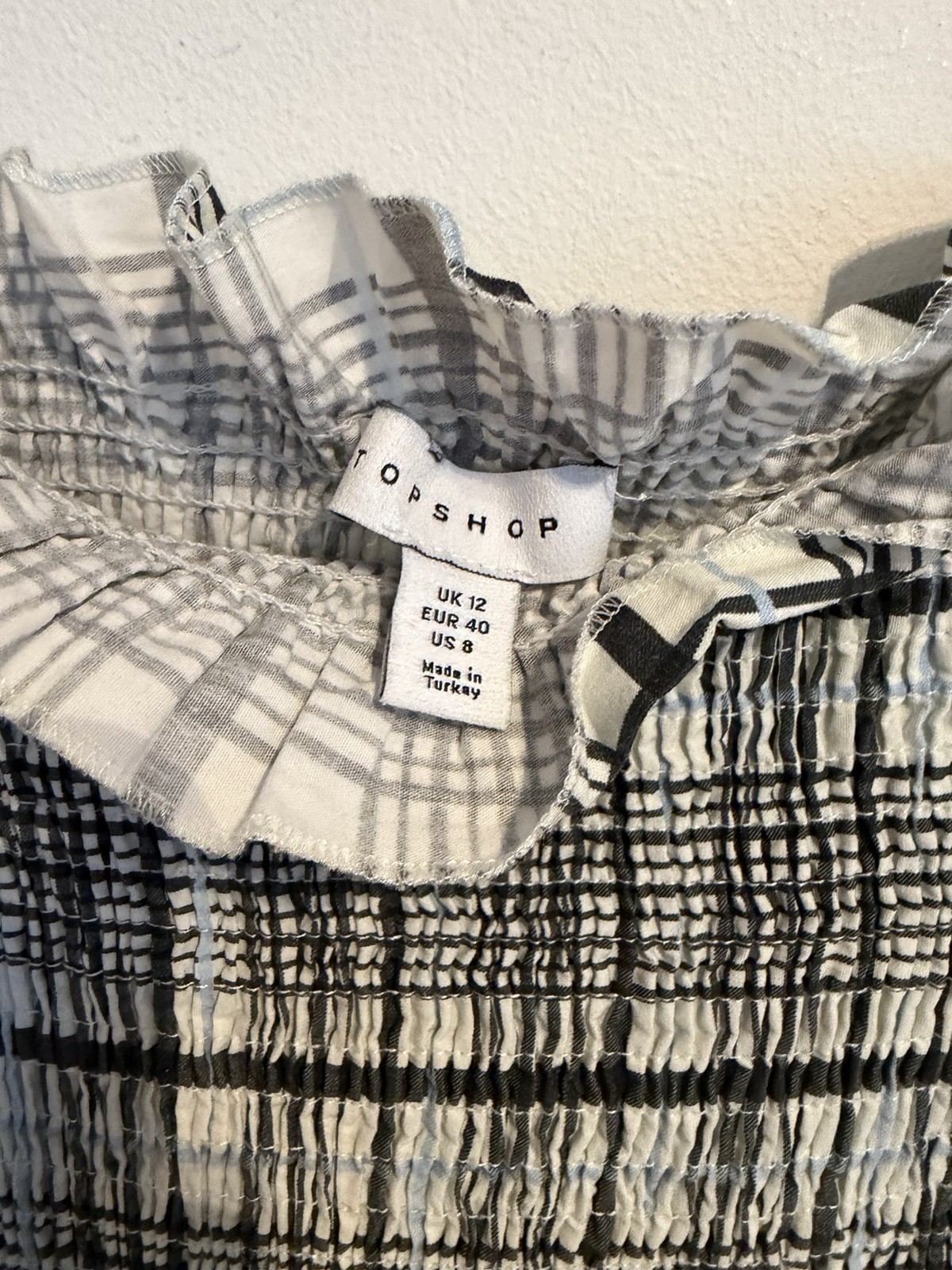 Topshop Maxi Milkmaid Style Smocked Dress Size 12 white blue black checkered