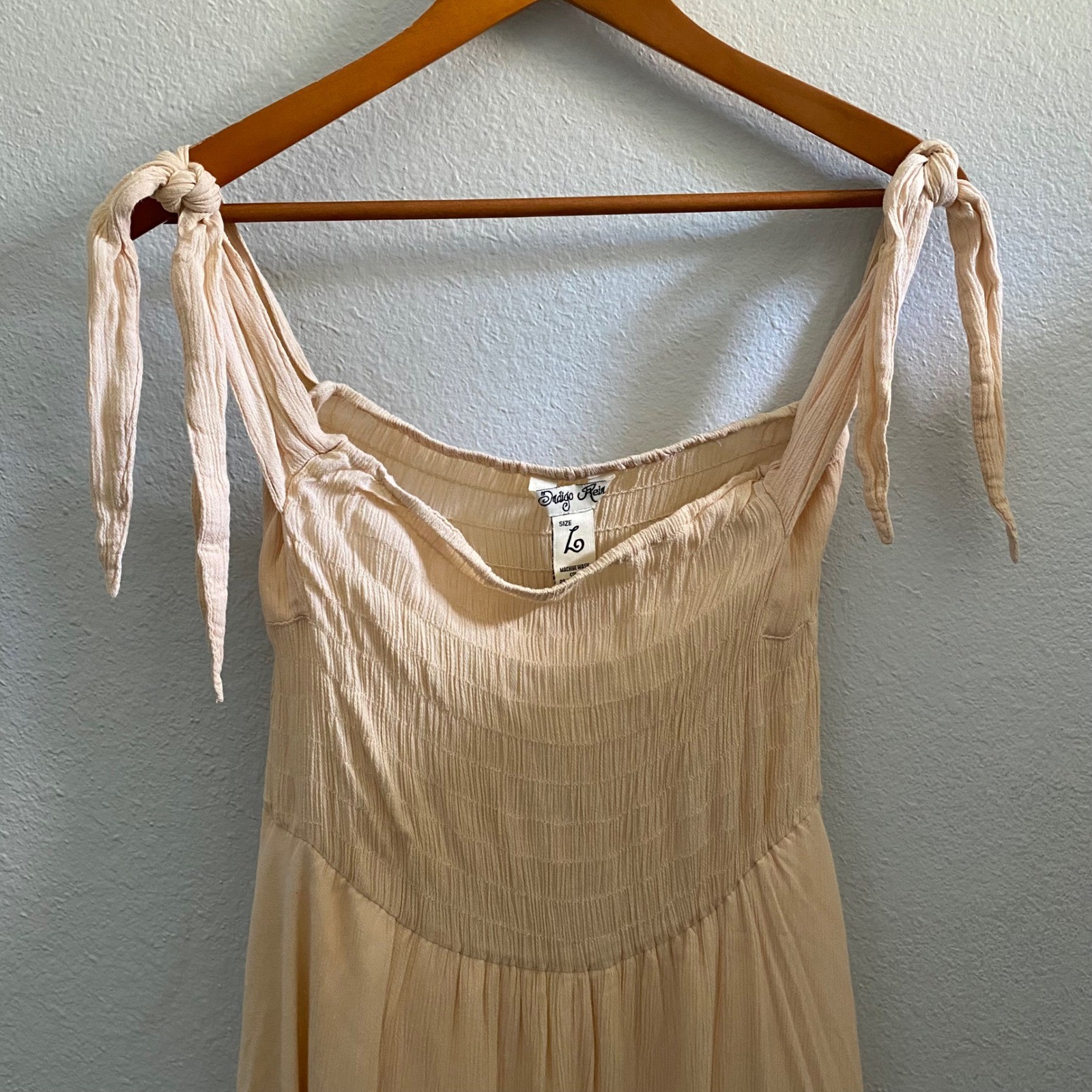 Indigo Rein Peach Smocked Tie Shoulder Handkerchief Hem Midi Dress Large