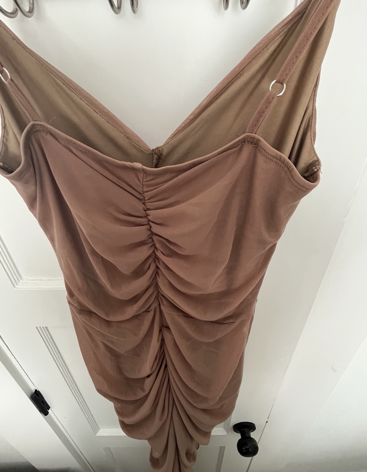 Womens Brown Ruched Ruffle Mesh V-Neck Bodycon Long Dress SheinM Lined StretchG5