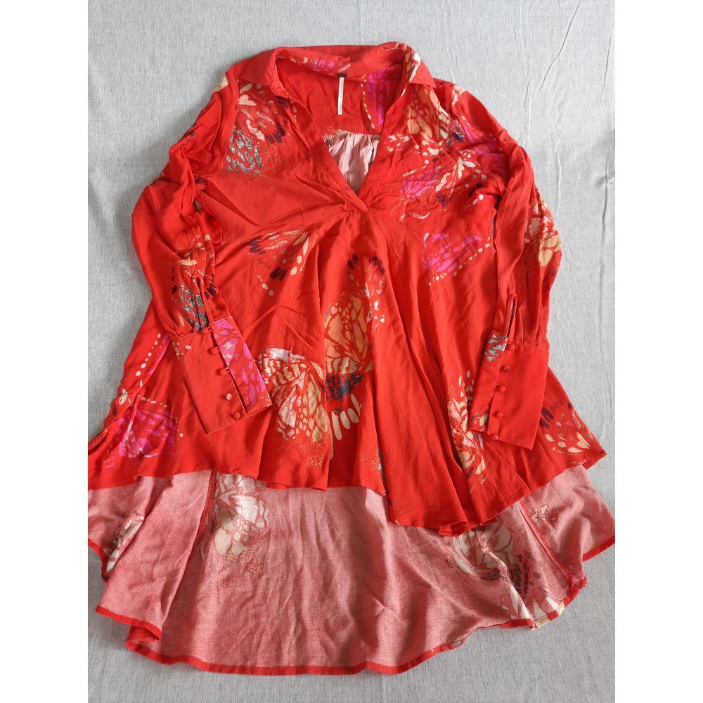 Free People Women’s XS Red Button Cuff Long Sleeves V-Neck Collar Babydoll Dress