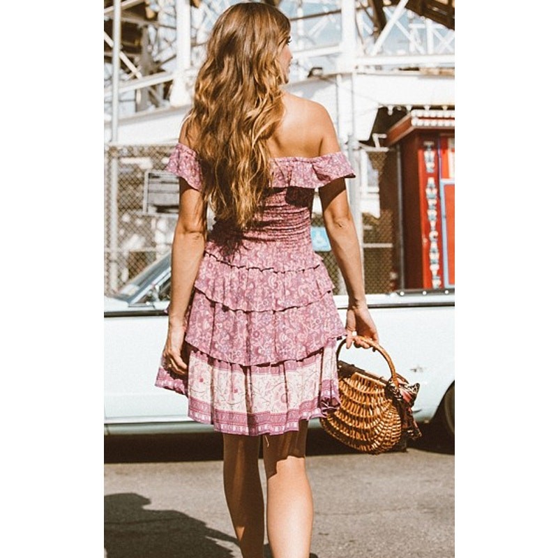 Spell & The Gypsy Dahlia Ra-Ra Mini Dress Mulberry Size Small Boho Floral Ruffle