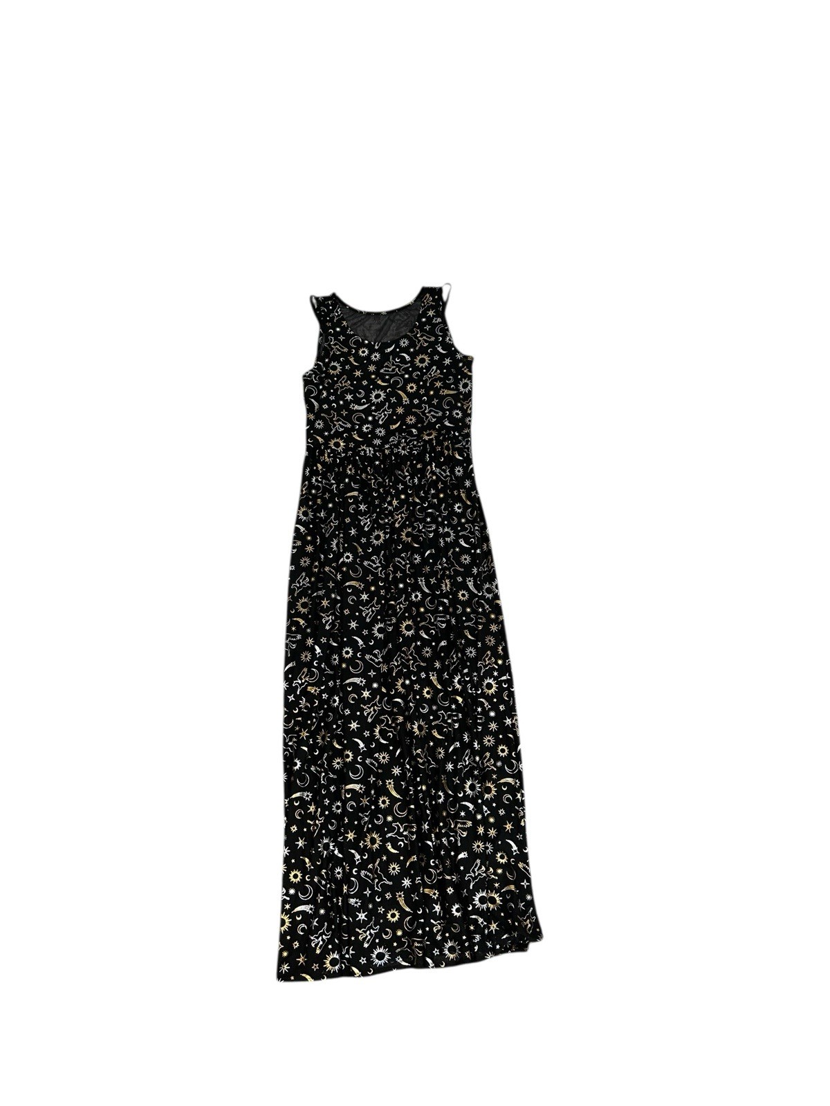 Cosmic Aura Astrology Celestial Stars Moon Foil Mesh Maxi Dress Sz M Black Gold