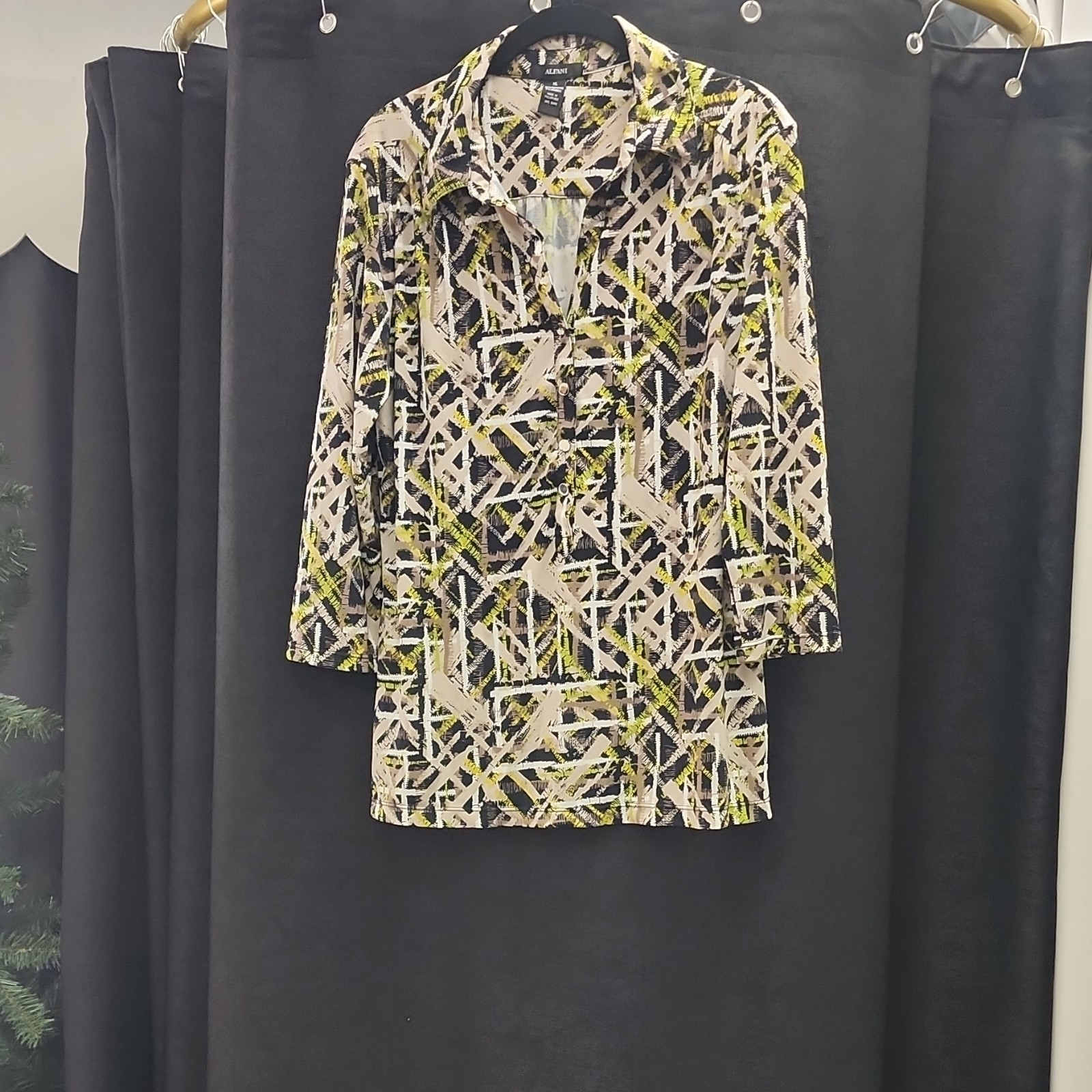 Alfani XL Shirt Dress Geometric Knit Stretch Collared Long Sleeve Button