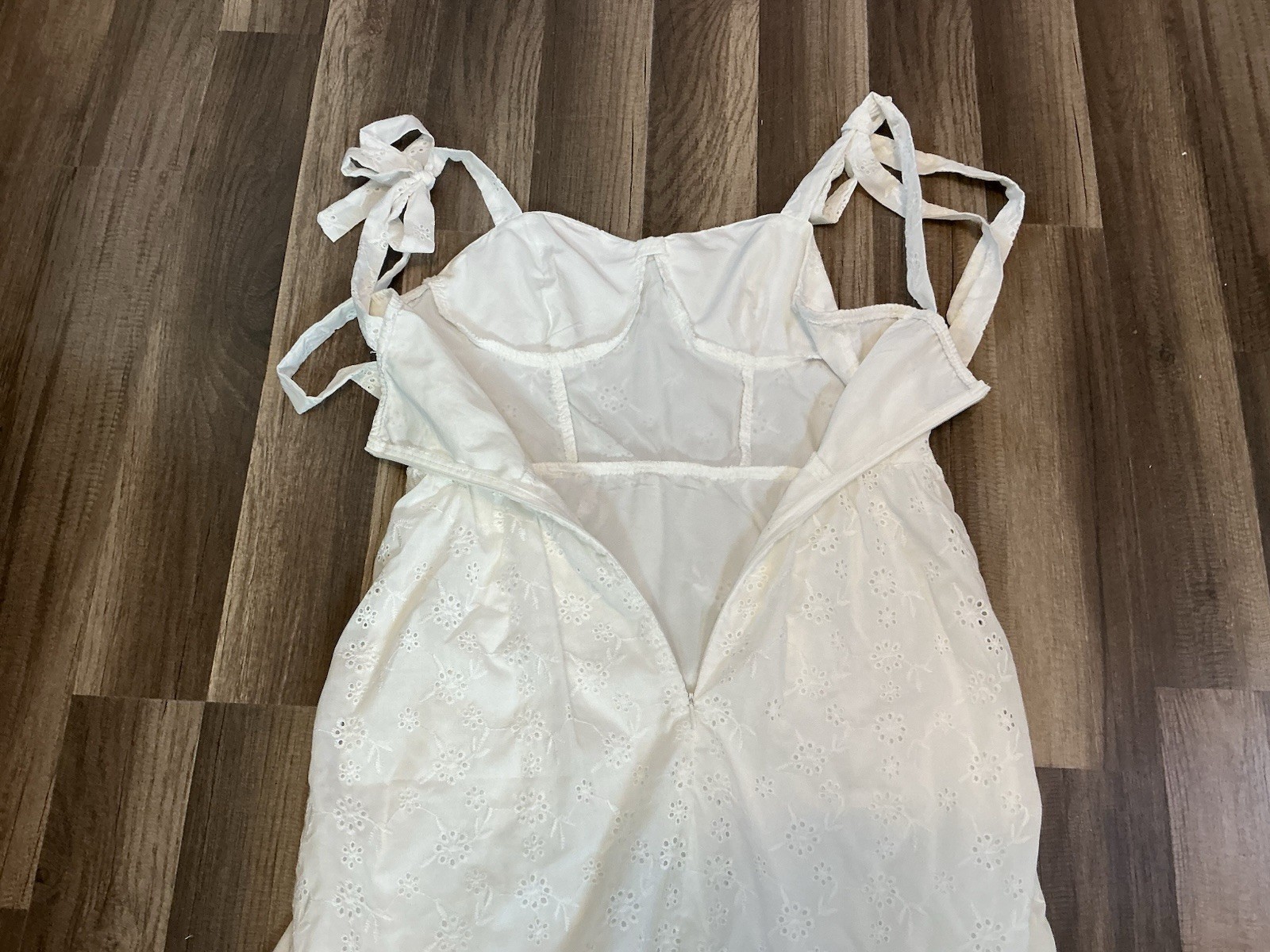 White Eyelet Ruffle Midi Sundress Tie Strap Corset M6 Coquette Boho Cottagecore