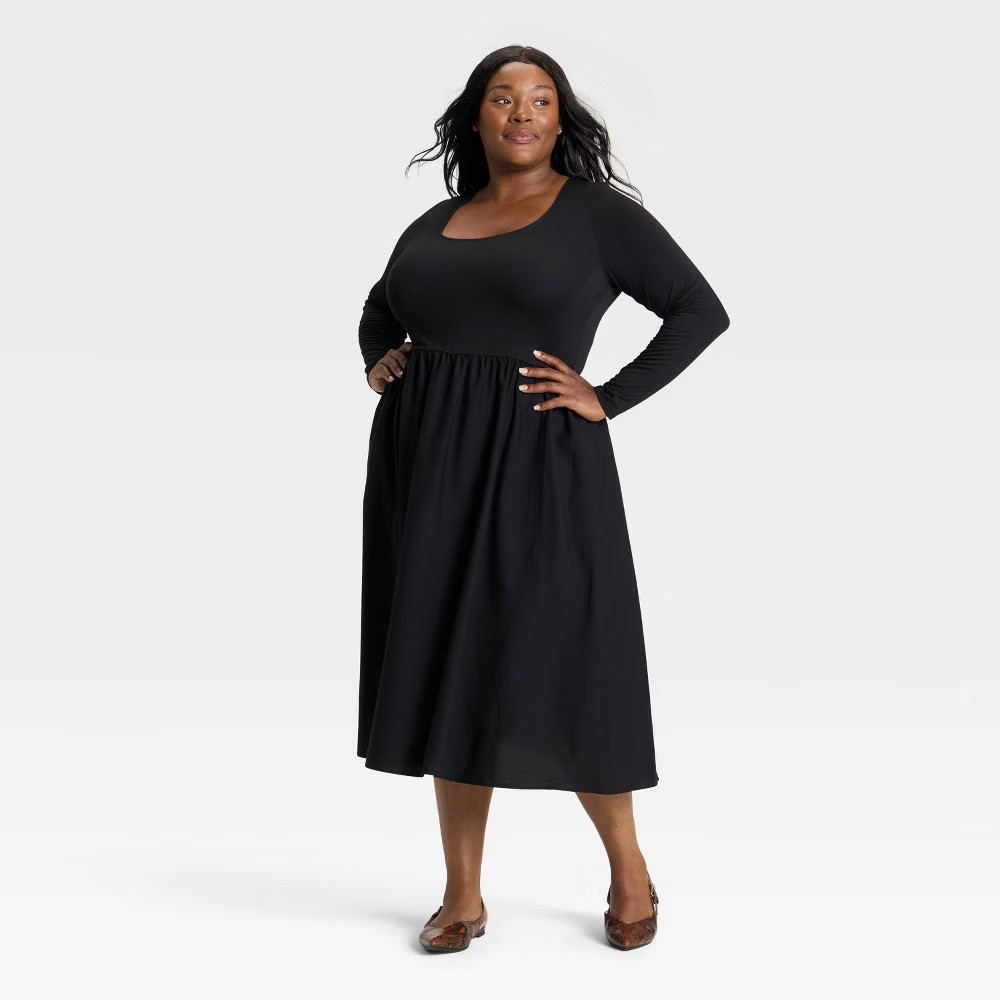 Women Long Sleeve Knit Midi A-Line Dress – Ava & Viv Black