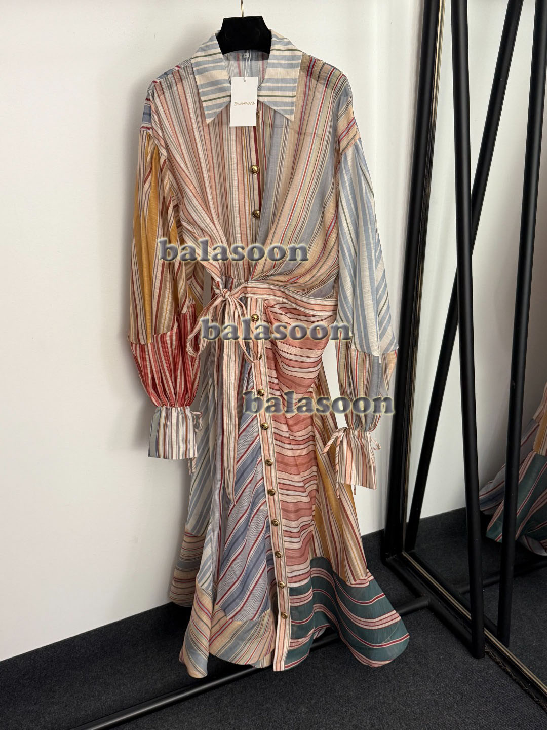 contrast stripe ruffled lace waist long sleeve shirt dress long skirt S-XL