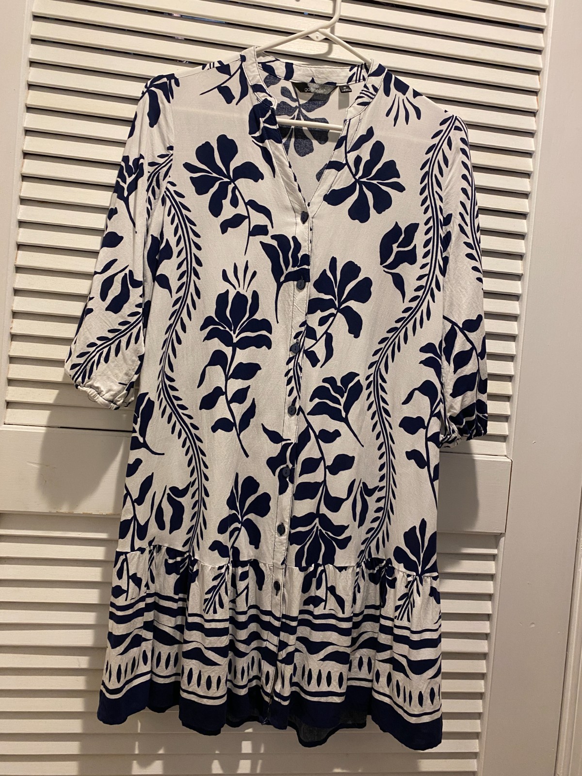 Mlle Gabrielle Blue & White Size Small Petite Above Knee Mid Sleeve Dress
