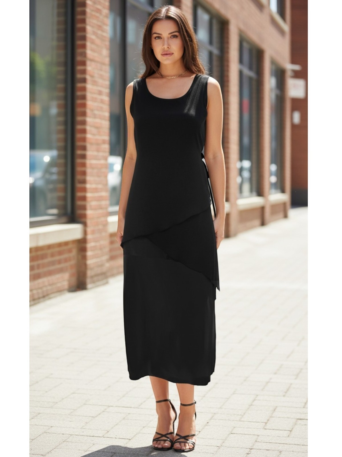 Ladies Black 3 Tier Triple Layer Chiffon Georgette Ties On Back Pencil Dress