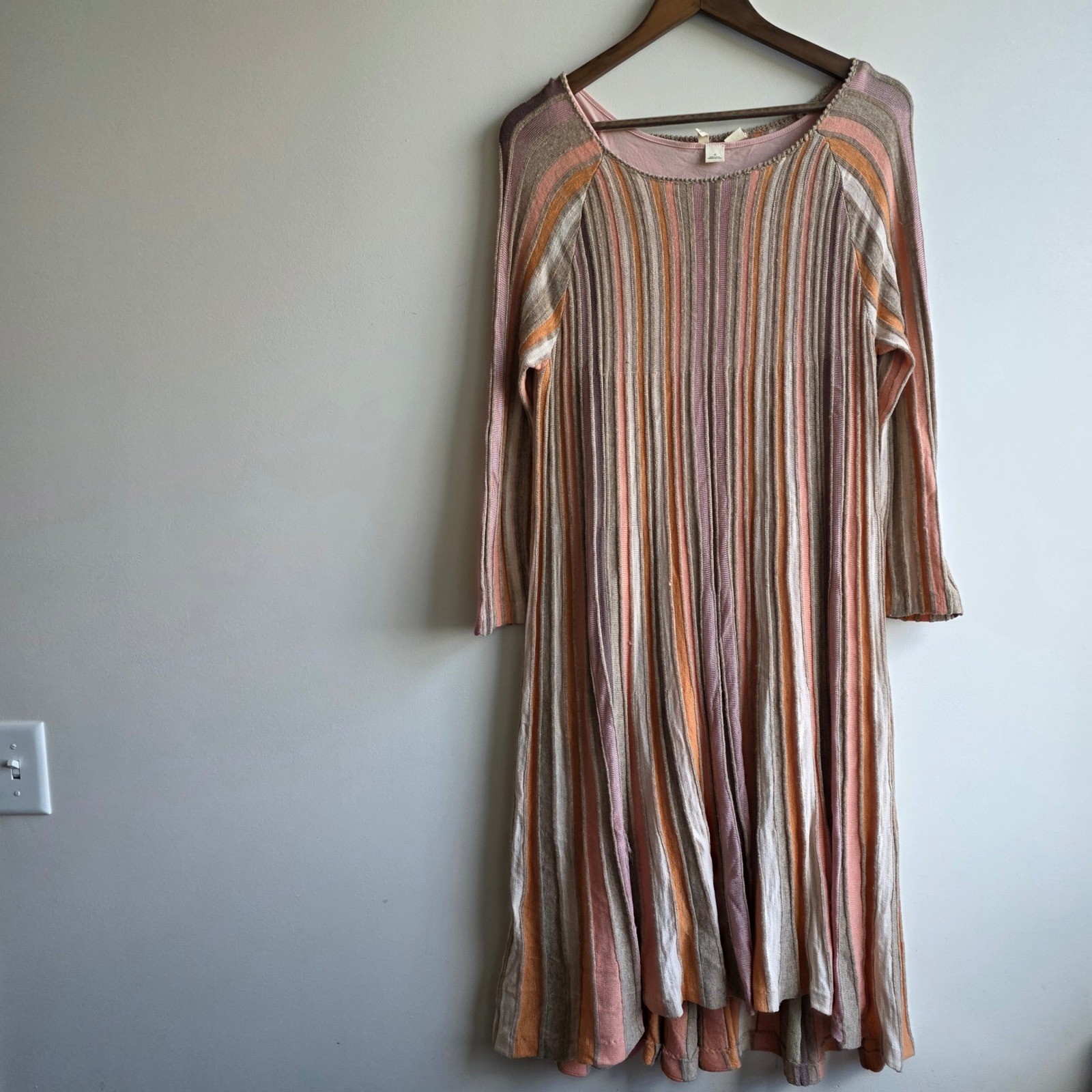 Moth Anthropologie Striped Knit Sweater Dress Orange Pink Wool Mix M 70s Retro