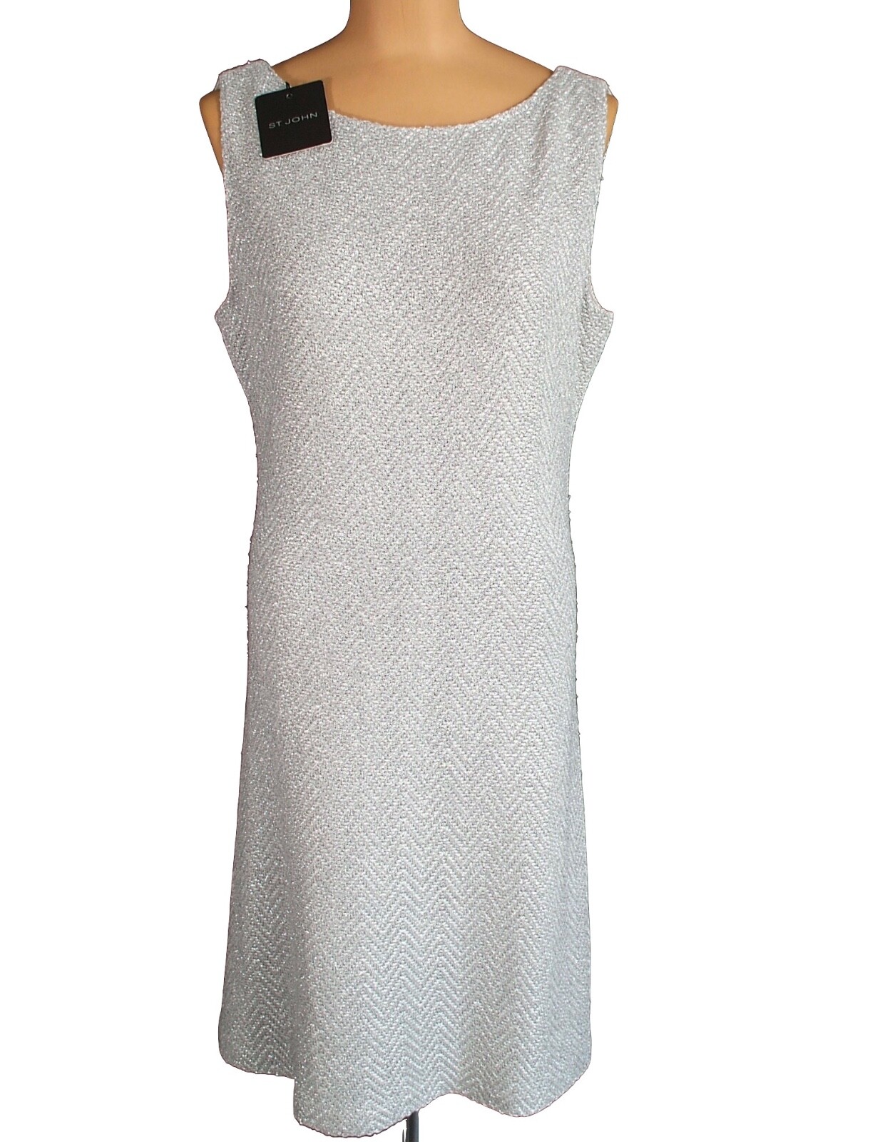 NWT ST. JOHN Silver Sparkle Chevron Knit Tweed Sheath Tank Dress sz 14 $1495