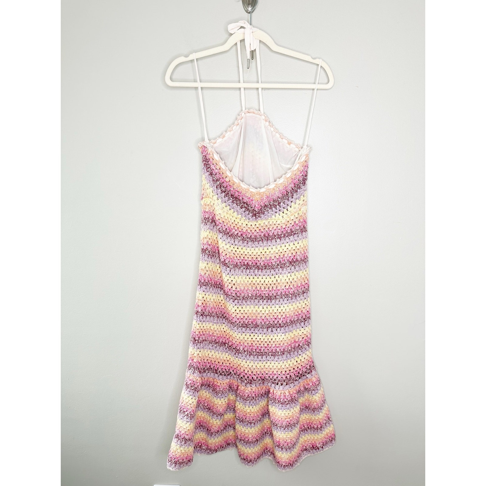 Saylor Freida Pastel Crochet Halter Ruffle Hem Cotton Midi Dress Small