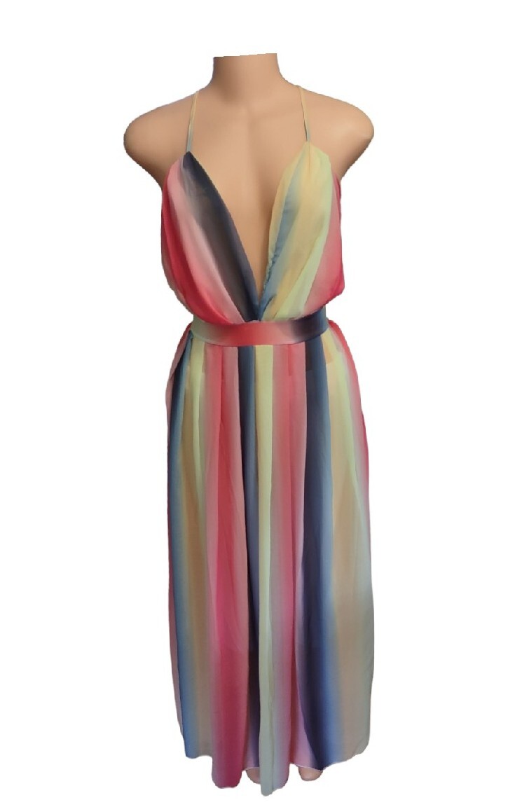 Sexy Flowing Maxi SunDress Halter Back Long Casual Boho Beach Cocktail Dress L
