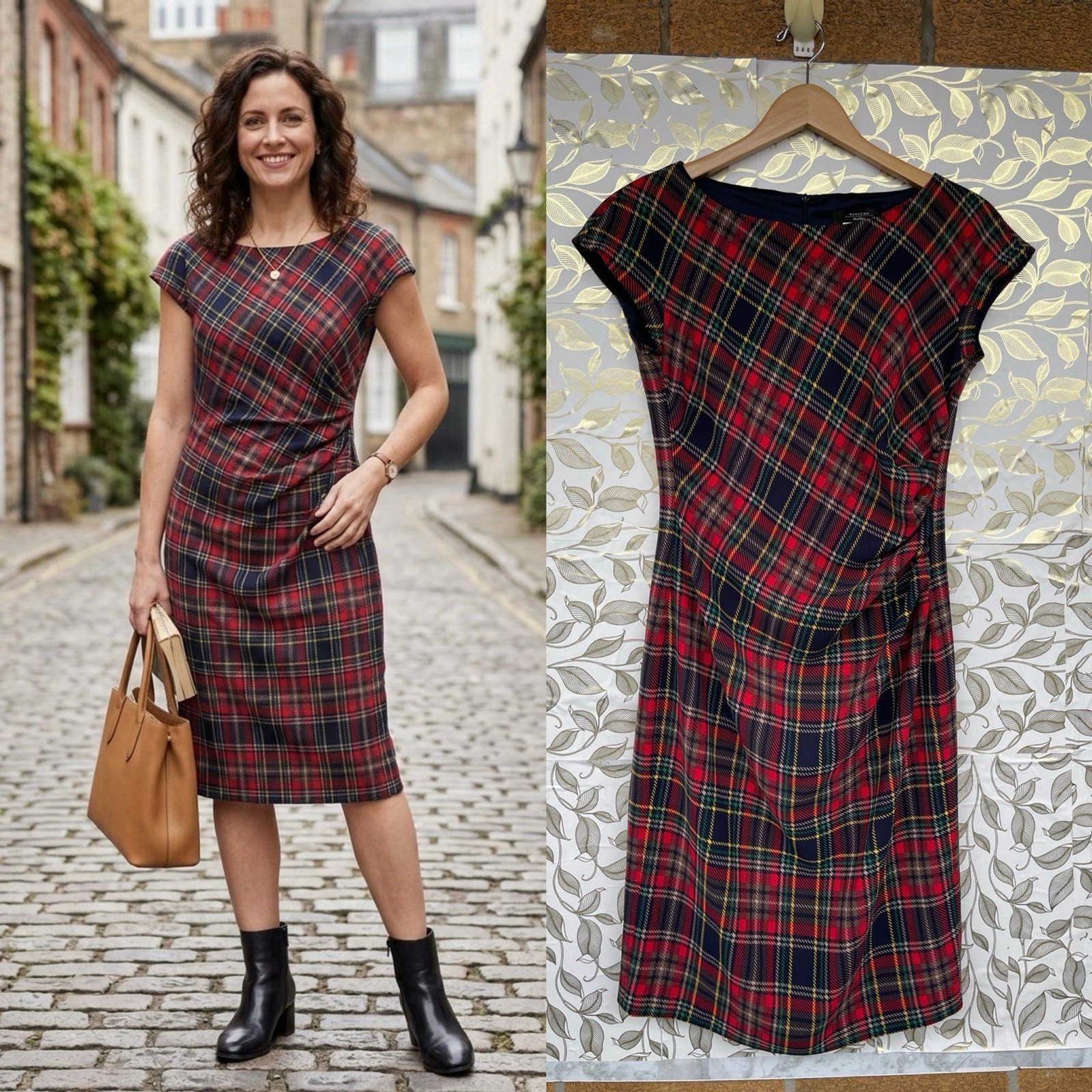 Weekend Max Mara Tartan Plaid Ruched Midi Dress Red Blue Classic Academic Core