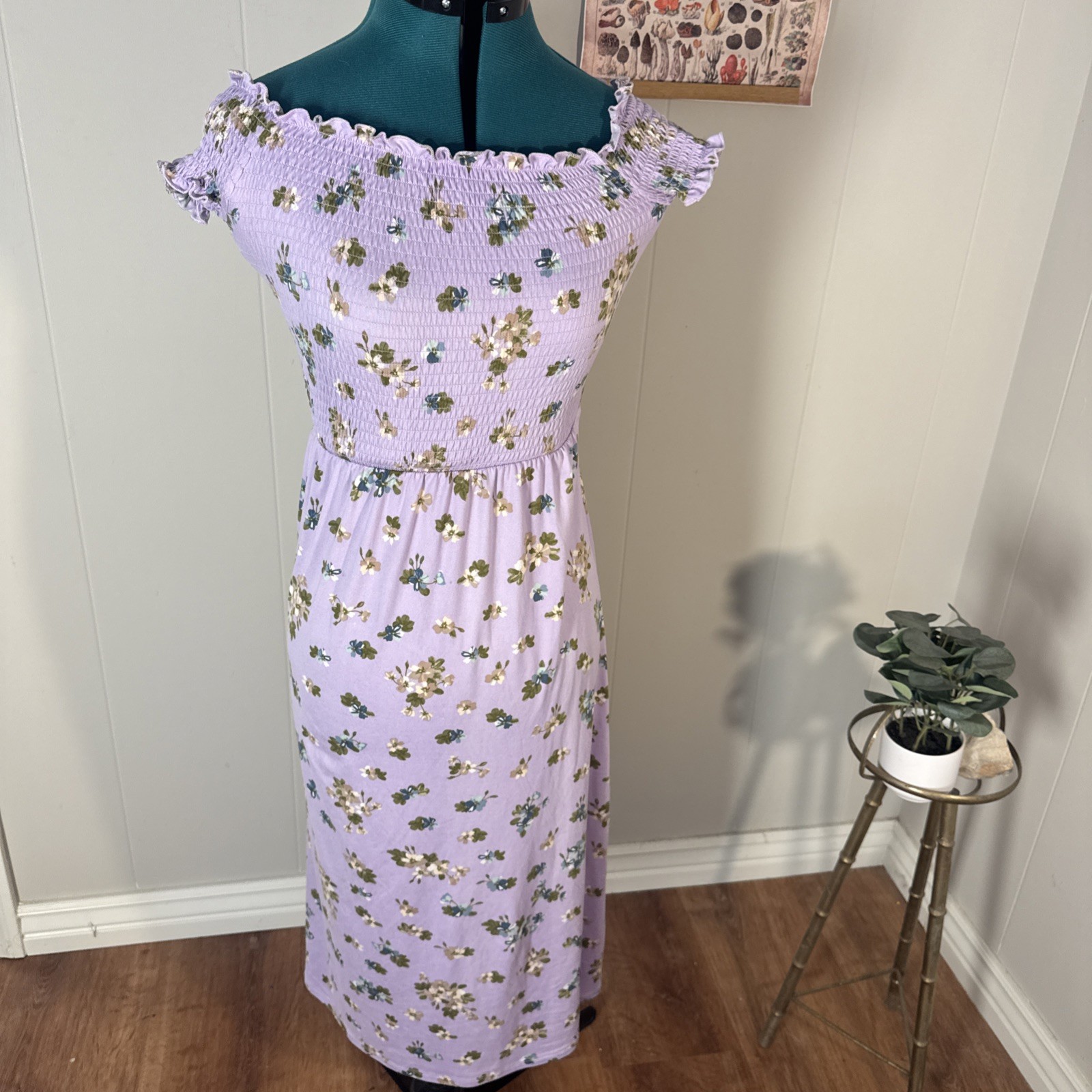 Love University Off The Shoulder Smocked Purple Floral Chambray Dress Size S