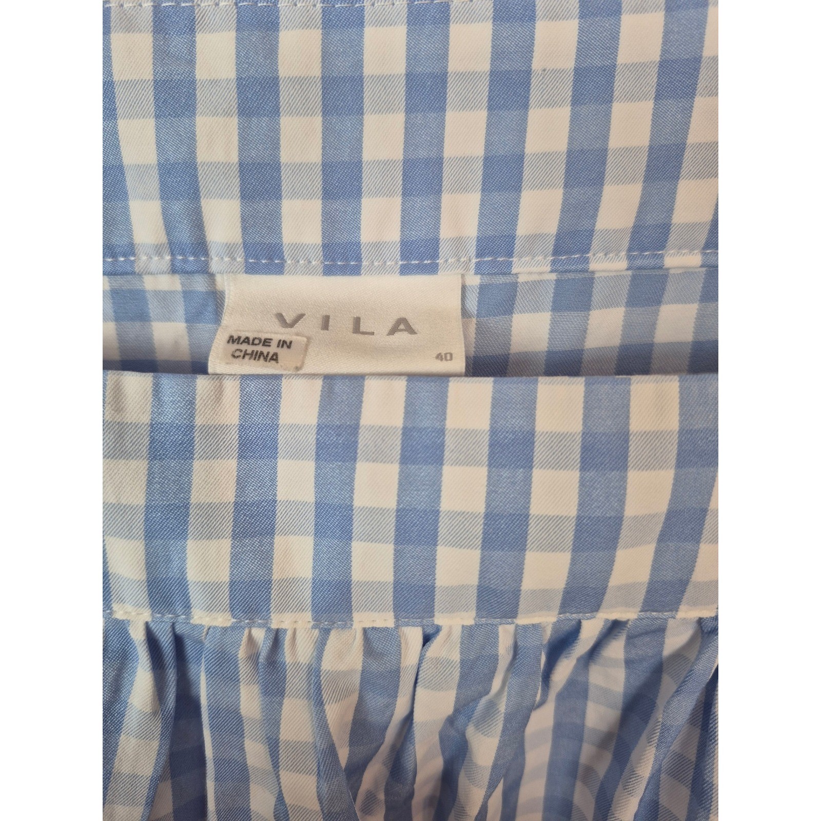 Vila Blue Gingham Maxi Belted Dress Square Neck Puff Sleeve Size US 8