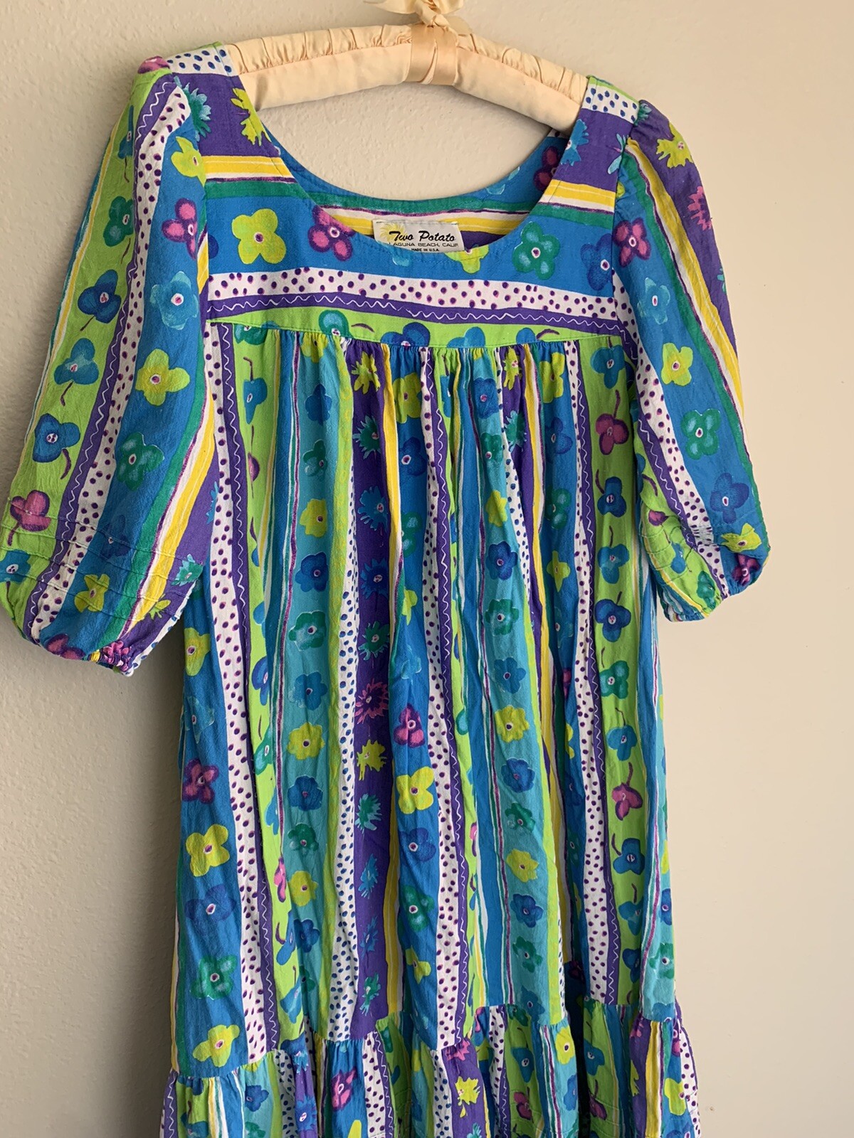 S 2 Two Potato Purple Blue Flower Stripe Casual House Dress Lounge Vintage Small